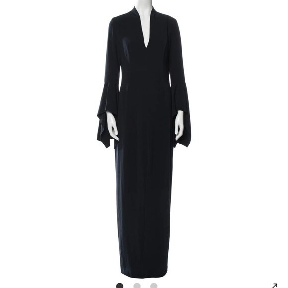 Halston Flounce Sleeve Crepe Gown Dress Maxi Navy Blue Size 14 Retail $425 - Picture 10 of 11